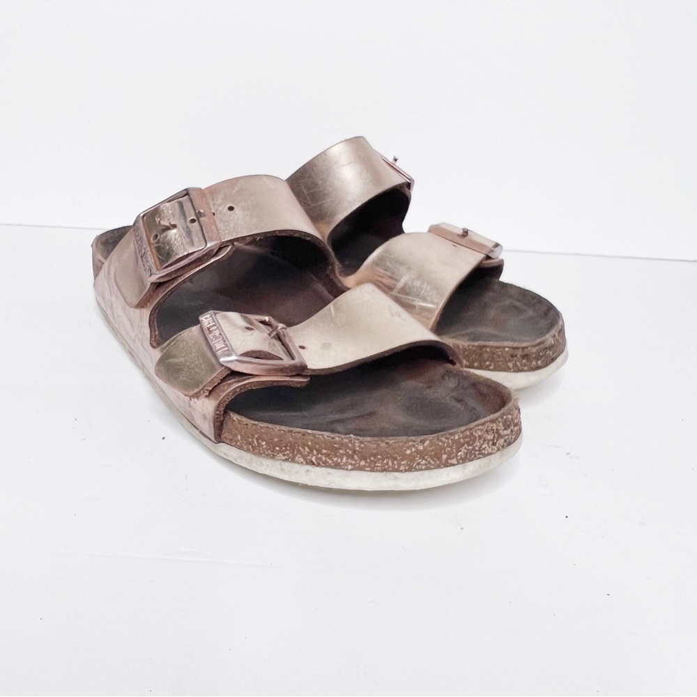 Birkenstock Arizona Soft Footbed Slide On Sandals Leather Metallic Rose Gold 38
